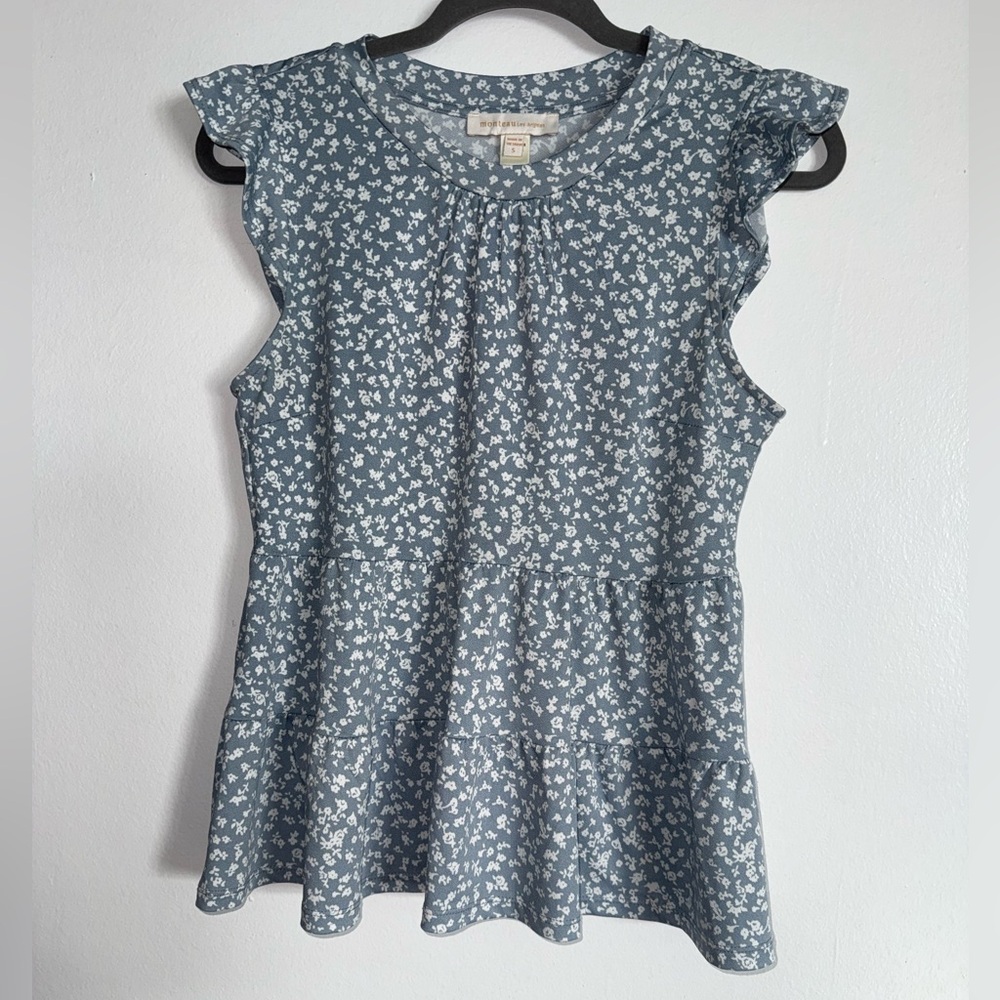 Monteau Blue Floral Ruffle Sleeve Blouse